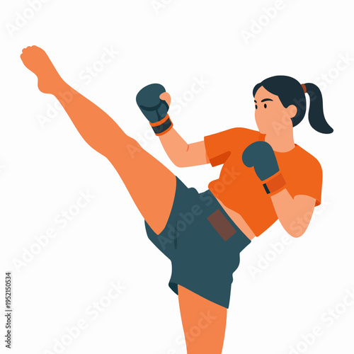 A single young Southeast Asian woman practicing Muay Thai, high kick pose, wearing athletic sports clothing, training in a fitness gym, energetic and focused mood, minimalist flat vector art.