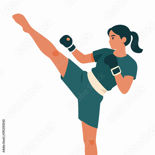 Muay Thai Female Fighter Performing High Roundhouse Kick, Adult Southeast Asian Woman Training in Martial Arts, Athletic Figure in Sportswear, Concept of Fitness and Strength, Flat Vector Art