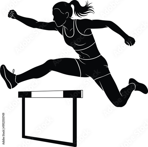 Athlete silhouette performing hurdle jump mid‑air, dynamic track and field sports motion, bold black and white illustration artwork design
