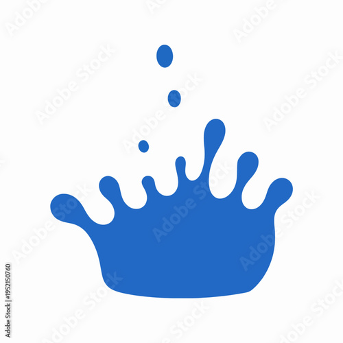 Minimalist flat vector illustration of a single dynamic blue water splash and liquid splatter representing hydration and cleanliness concept, creative graphic design isolated on white background.
