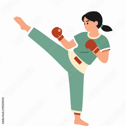 Muay Thai Female Fighter Kick, Professional Adult Southeast Asian Woman Athlete in Athletic Wear Performing High Roundhouse Kick, Minimalist Flat Vector Illustration for Martial Arts Fitness Concept