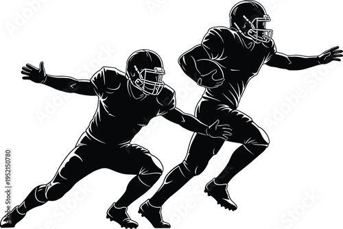 American football players silhouettes dynamic action illustration, runner advancing ball, defender blocking tackle, black and white sports artwork drawing