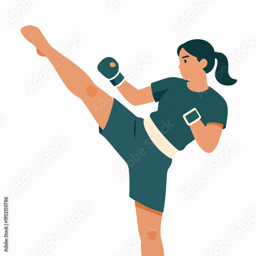 Athletic Southeast Asian Woman Muay Thai Fighter Performing High Roundhouse Kick in Teal and Orange Flat Vector Illustration Style, Young Adult Female Martial Artist Training Outdoors in Daylight