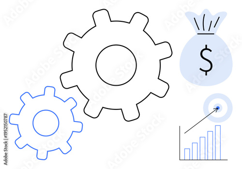 Workflow management, business efficiency, financial planning, economic growth, investment strategies, wealth generation. Two gears, money bag and chart with rising bars. Workflow management