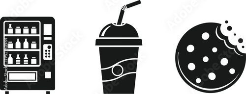 Black and white vector illustration of vending machine, beverage cup with straw, and bitten cookie icon representing snacks, drinks, fast food, and convenience