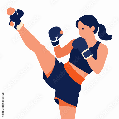 Strong Young Asian Woman Practicing Muay Thai Kickboxer in High Kick Pose, Female Athlete Training Martial Arts Indoors at Gym, Empowered Woman Fitness Concept, Flat Vector Illustration