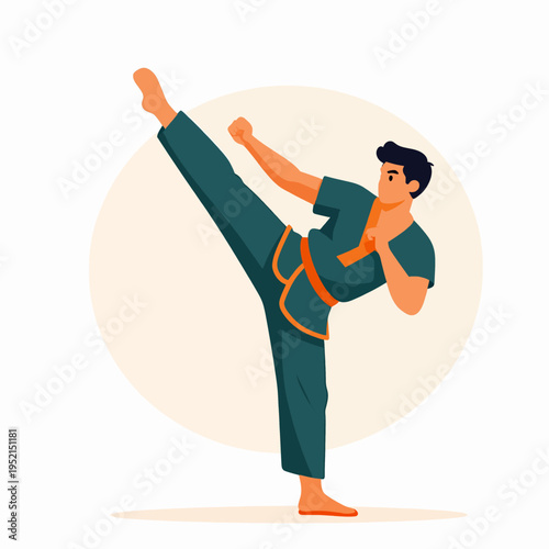 A single young Asian man practicing martial arts performing a high roundhouse kick in a gym setting, minimalist flat vector illustration of an athlete in a dynamic pose, fitness and sport concept.