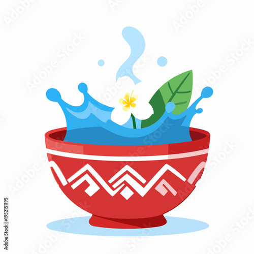 Single traditional Southeast Asian decorative red ceramic bowl with white patterns, featuring a vibrant blue water splash and white frangipani flower, celebrating Thai Songkran festival concept.