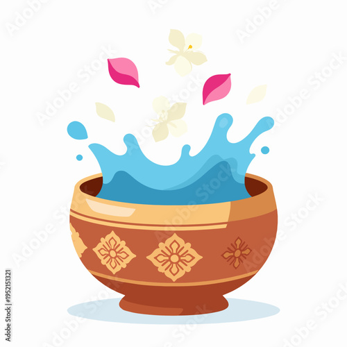 A single traditional thai songkran water bowl splashing fresh liquid with jasmine and rose petals, southeast asian New Year festival celebration, isolated on white background, joyful concept.