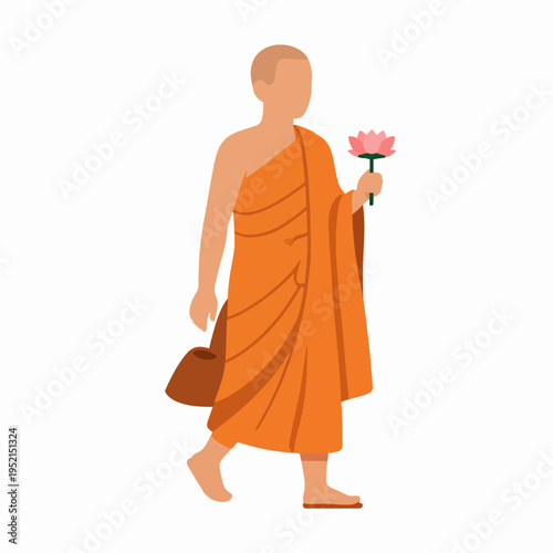 Minimalist flat vector illustration of a single Southeast Asian Buddhist monk in traditional orange robes walking and holding a white lotus flower during Magha Puja day ceremony, isolated on white.