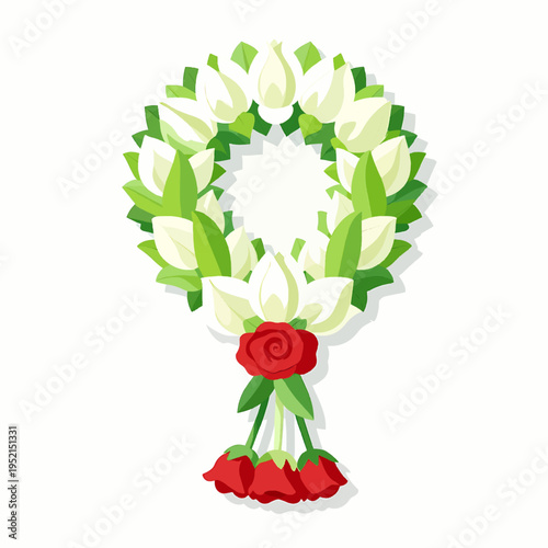 Traditional Thai jasmine flower garland Phuang Malai with red roses for Songkran festival celebration, southeast asian cultural symbol of respect and luck isolated on white background, flat vector art
