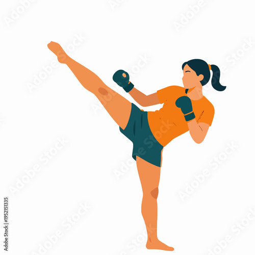 Flat Vector Illustration of a Single Young Southeast Asian Woman Practicing Muay Thai Kickboxing, Energetic Female Athlete in Fighting Stance, Minimalist Martial Arts Concept Isolated on White
