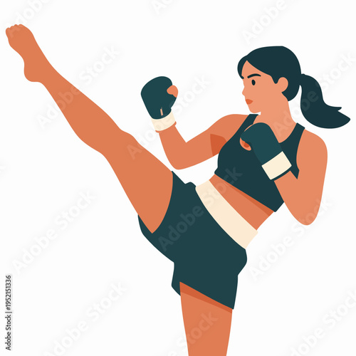 Muay Thai Female Fighter Kick, Flat Vector Illustration of Asian Woman Athlete in Martial Arts Stance, Professional Kickboxer Training in Gym, Dynamic Fitness Concept, Empowered Woman Sports Art