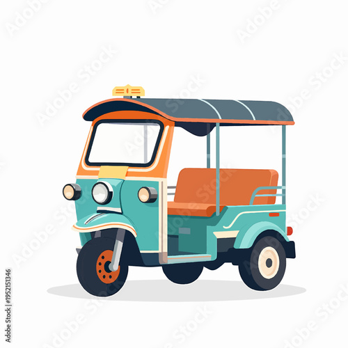 A single traditional Thai tuk-tuk taxi flat vector illustration in teal and orange, representing Southeast Asian transport and Songkran festival culture, isolated on white background, 2D icon.