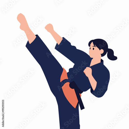 Strong Japanese female karate athlete performing high roundhouse kick in minimalist flat vector style