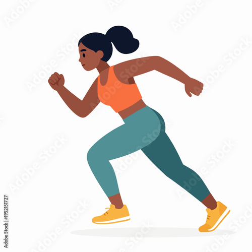 Flat vector illustration of a single athletic Black woman sprinting in a sports top and leggings, minimalist fitness concept isolated on white background, professional female athlete running.