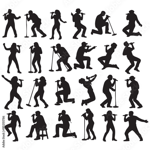 Black silhouettes of singers performing with microphones
