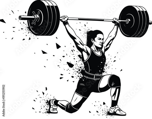 Olympic weightlifter performing split jerk lift, dynamic pose with heavy barbell overhead, bold black and white sports illustration artwork