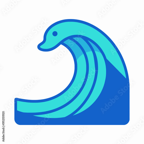 Minimalist flat vector illustration of a single blue ocean wave curling with water splashes, modern graphic design for summer and nature concepts, isolated on white background
