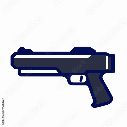 Single minimalist flat vector icon of a futuristic sci-fi ray gun blaster weapon, navy blue silhouette style, retro space technology concept for gaming and app interface design, isolated on white.
