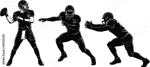 Three American football players in action poses, quarterback throwing, defensive blocking stances, bold black and white dynamic sports illustration artwork