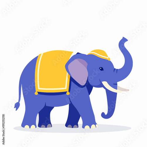 Flat vector illustration of a single periwinkle blue Thai elephant with a golden yellow saddle cloth and raised trunk, celebrating Songkran festival outdoors, isolated on white background.
