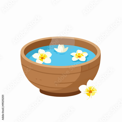 Flat vector illustration of a traditional Thai wooden water bowl with floating jasmine and frangipani flowers for Songkran Festival, symbol of Thai New Year celebration, isolated on white background