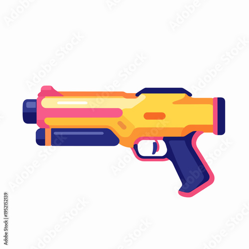 Playful flat vector illustration of a single futuristic toy ray gun for children, vibrant colorful sci-fi plastic blaster icon with pink and yellow accents, gaming concept isolated on white.