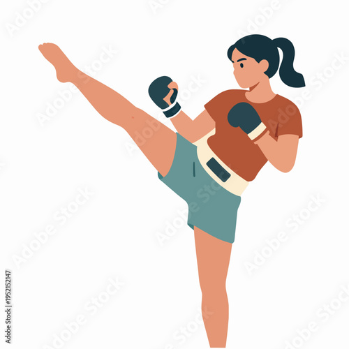 Strong Young Southeast Asian Woman in Muay Thai Kickboxer Stance Performing a High Kick, Flat Vector Illustration of Female Athlete in Combat Sports Training, Minimalist Martial Arts Concept