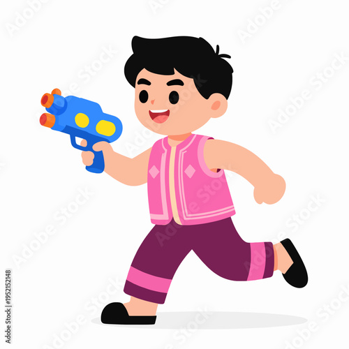 Happy young Southeast Asian boy playing with a colorful water gun, celebrating Songkran festival, wearing traditional pink patterned clothing, joyful Thai child outdoors, flat vector illustration