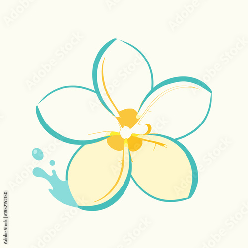 Flat vector illustration of a single blooming white plumeria flower with a yellow center and a fresh water splash, tropical spa concept, minimalist design for summer wellness and relaxation