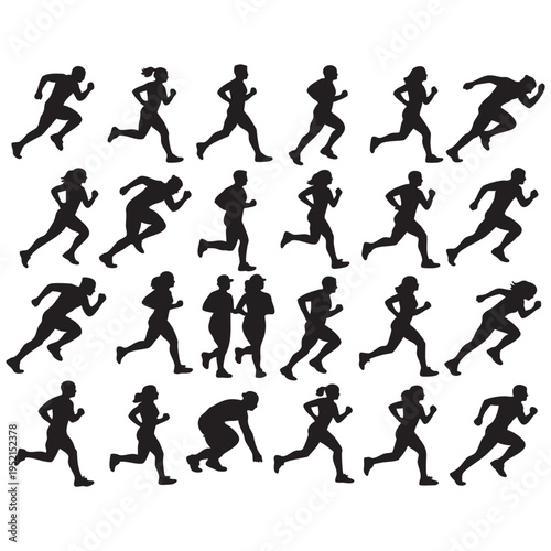 Black silhouettes of diverse people running in motion