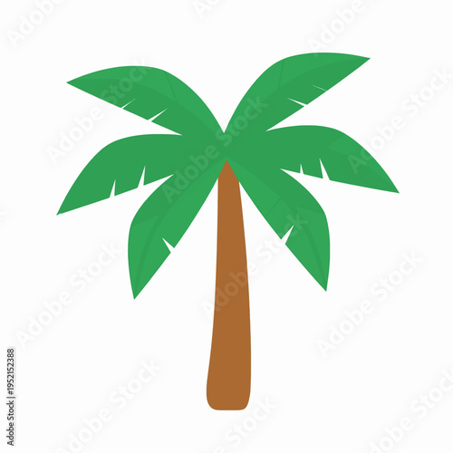 Flat vector illustration of a single tropical palm tree representing summer vacation and beach travel, minimalist design with bright green leaves, isolated on white background, summer holiday concept.