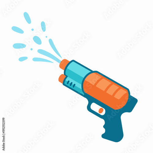 Flat vector illustration of a single teal and orange plastic toy water gun shooting a stream of water for summer outdoor fun, minimalist squirt gun icon isolated on white background for kids.
