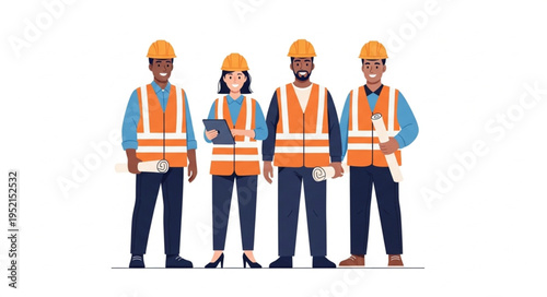 Diverse construction workers team wearing hard hats and safety vests.