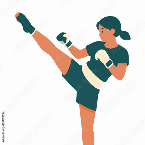 Strong Southeast Asian Woman Practicing Muay Thai Kick, Professional Athlete in Teal Sportswear Training Indoors, Flat Vector Illustration of Martial Arts Concept, Empowered Female Fighter.