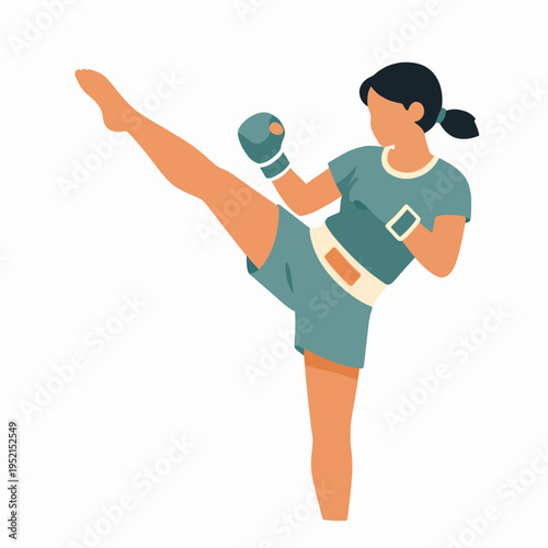 A strong Asian woman Muay Thai fighter performing a powerful high kick, flat vector illustration of a female athlete in sportswear practicing martial arts, fitness and empowerment concept.