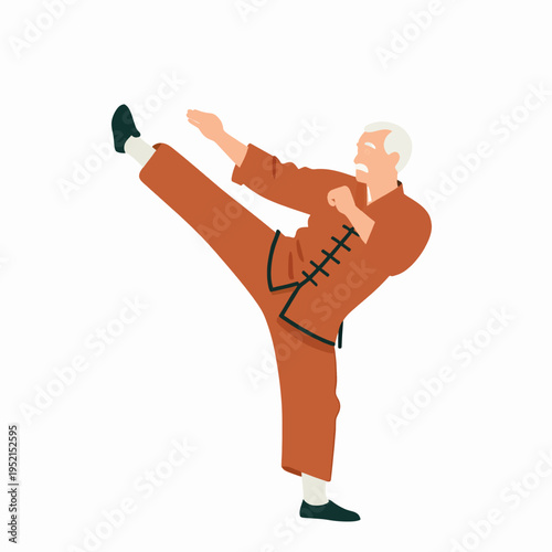 Senior Asian man in traditional martial arts uniform performing a dynamic high kick, flat vector illustration of an active adult male practicing karate indoors with a positive and focused mood.