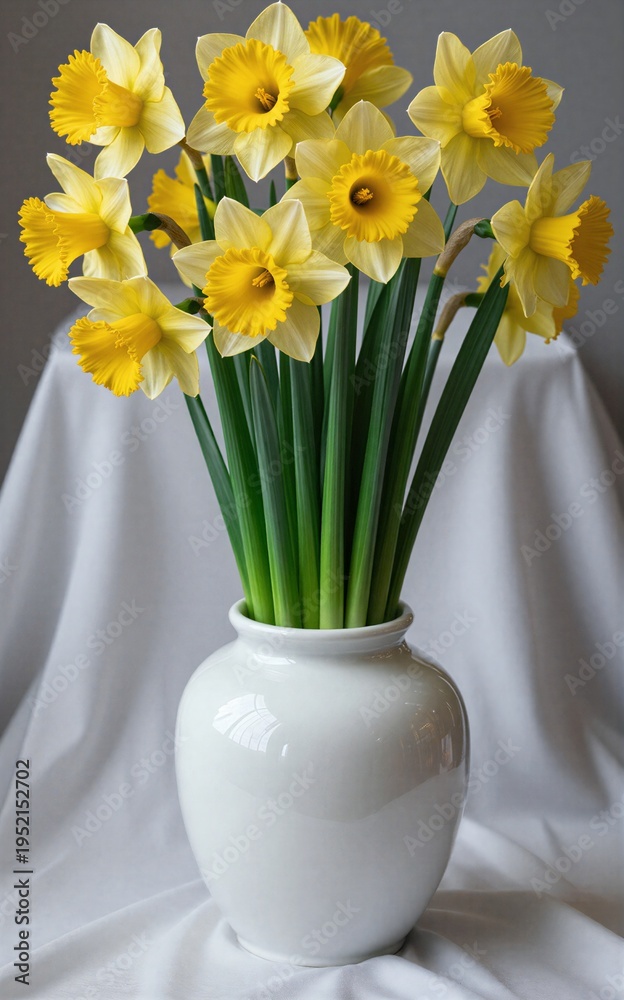 Fototapeta premium Bright yellow daffodils bloom in a white ceramic vase on draped