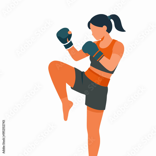 Strong Young Southeast Asian Woman Practicing Muay Thai Kickboxing in Mid-Air Knee Strike Pose, Athletic Female Fighter in Flat Vector Illustration Style, Professional Fitness and Martial Arts Concept