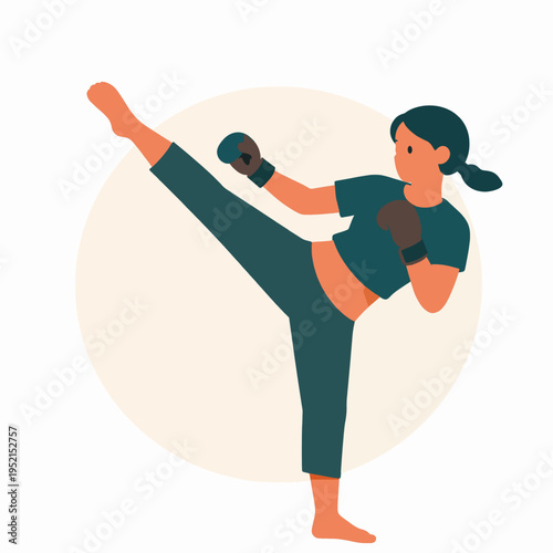 Muay Thai Female Fighter Kick. A professional young Asian woman athlete performing a high roundhouse kick in a gym setting. This flat vector illustration captures a minimalist martial arts concept.