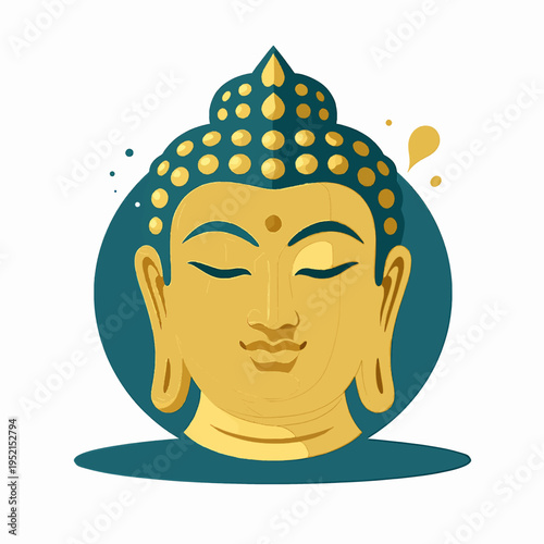 Serene Golden Buddha Head Flat Vector Illustration, Spiritual Meditating Asian Deity Icon with Artistic Paint Splatter Accents, Minimalist Buddhist Zen Concept Isolated on White Background