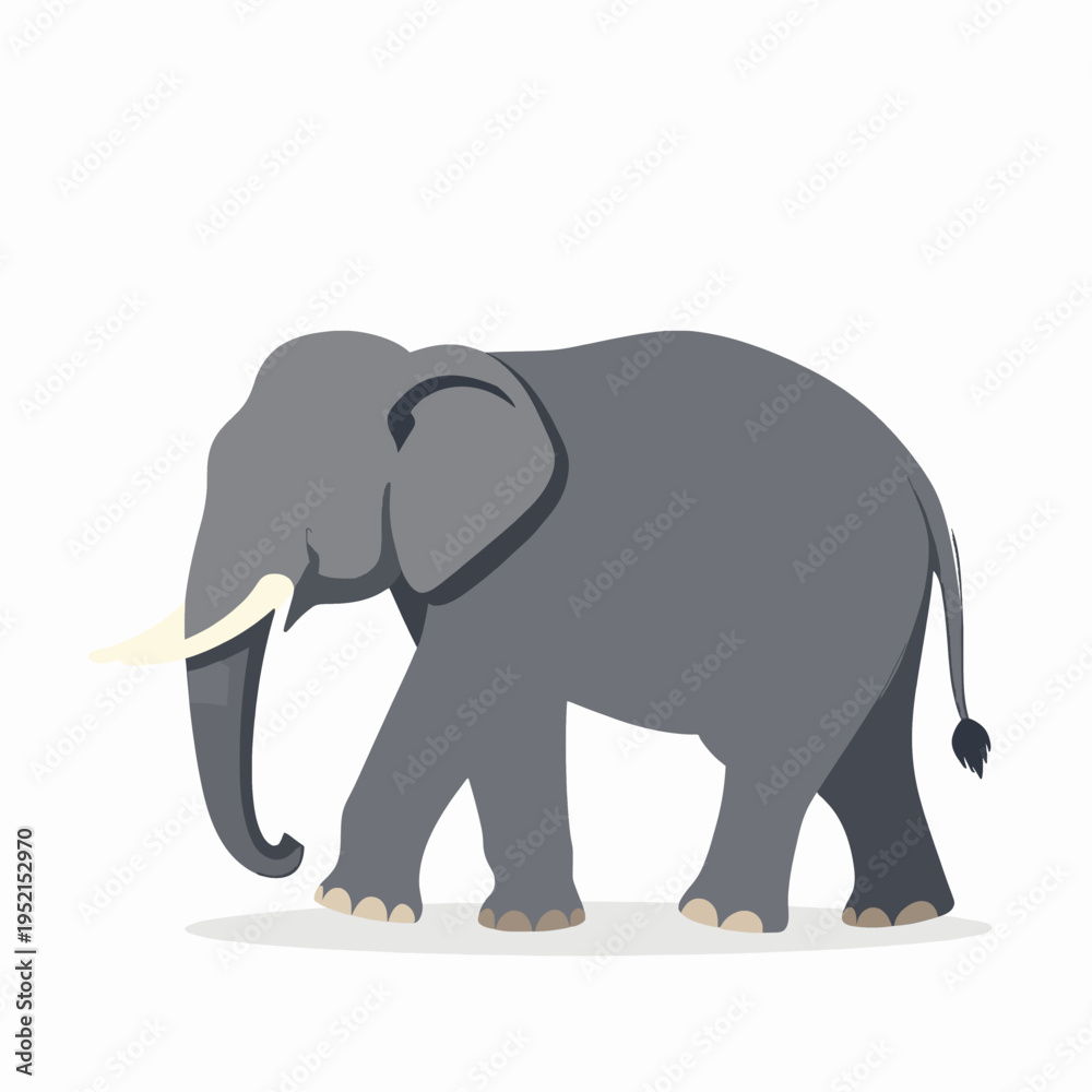 Fototapeta premium Minimalist flat vector illustration of a single majestic Thai elephant walking, grey silhouette of a Southeast Asian animal, symbol of Thailand culture and wildlife, isolated on white background.