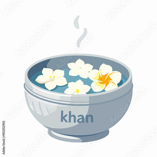 A senior Southeast Asian grandmother receiving a traditional Songkran water blessing on her hands from a family member indoors, celebrating Thai New Year with a silver bowl and jasmine flowers.