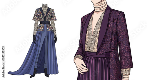 Exquisite Fashion Illustrations Featuring Elaborate Garments and Rich Textures, Highlighting Sophisticated Women's Clothing Design Concepts
