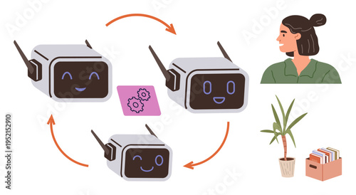 Customer support, automation, human interaction, process workflow, communication, AI technology. Cycle of chatbots with a human and contextual objects. Customer support and automation concept