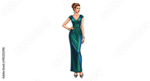 Elegant woman in a stunning emerald green evening gown, showcasing sophisticated fashion and timeless style for formal events and high-end occasions