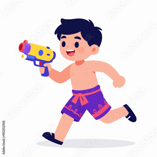 Happy Southeast Asian boy running and playing with a colorful water gun during Songkran festival celebration, cheerful male child in traditional yellow shorts having fun outdoors, summer activity.