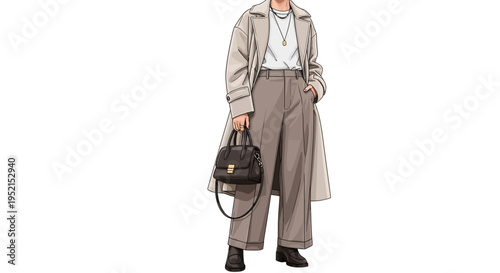 Stylish Woman in Trench Coat and Wide-Legged Trousers Holding a Handbag, Minimalist Fashion Illustration