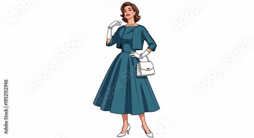 Elegant Vintage Woman in Classic Teal Dress and Gloves, Posing Gracefully with a Handbag, Epitomizing Retro Fashion and Timeless Style